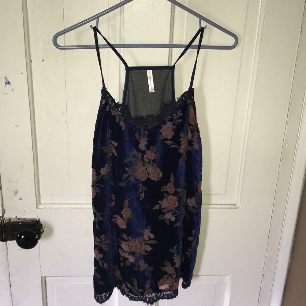 Blue Velvet tank top with floral detail